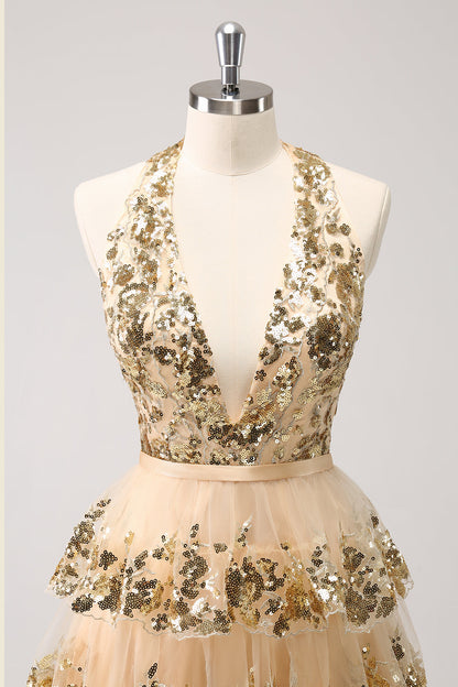 Sparkly Gold A Line Halter Corset Tiered Backless Homecoming Dress with Sequins