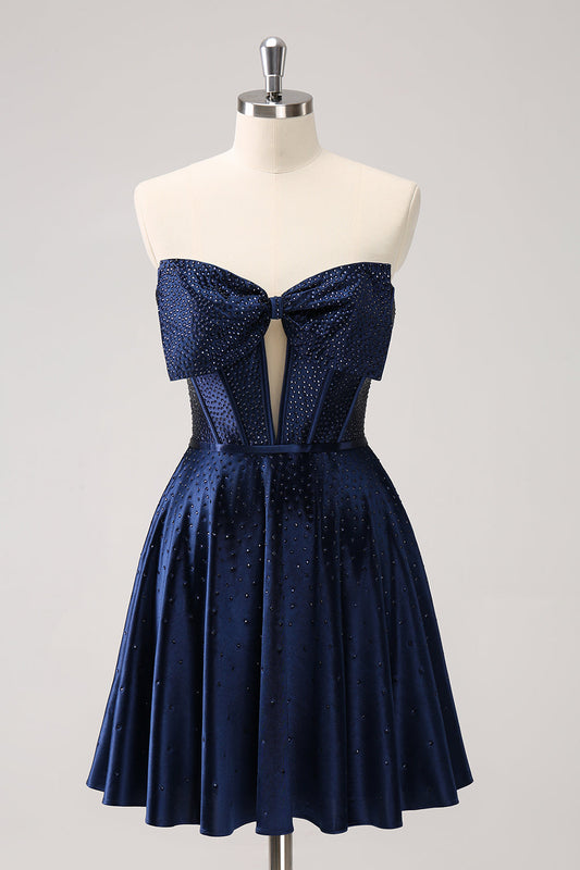 Cute Navy A Line Strapless Hollow Out Corset Beaded Homecoming Dress with Bow