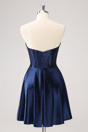 Cute Navy A Line Strapless Hollow Out Corset Beaded Homecoming Dress with Bow