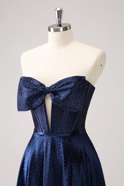 Cute Navy A Line Strapless Hollow Out Corset Beaded Homecoming Dress with Bow