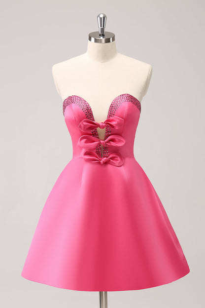 Cute Hot Pink A Line Strapless Cut Out Homecoming Dress with Beading