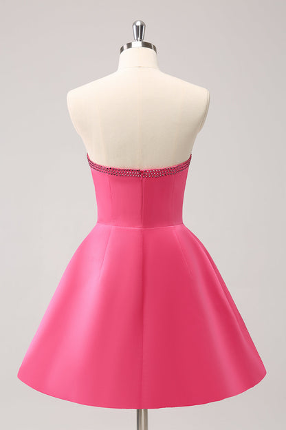 Cute Hot Pink A Line Strapless Cut Out Homecoming Dress with Beading