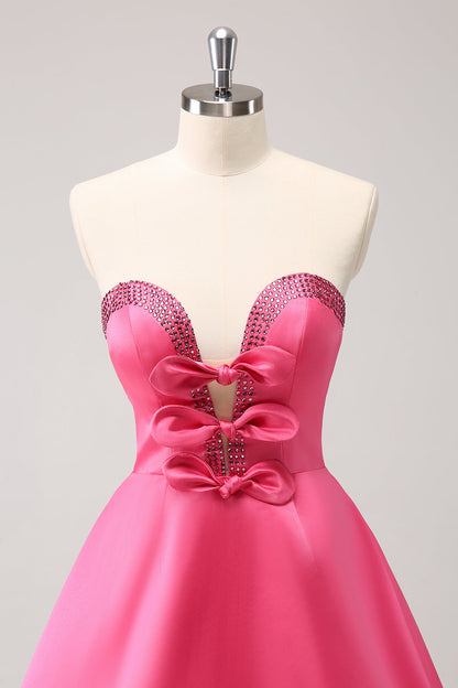 Cute Hot Pink A Line Strapless Cut Out Homecoming Dress with Beading