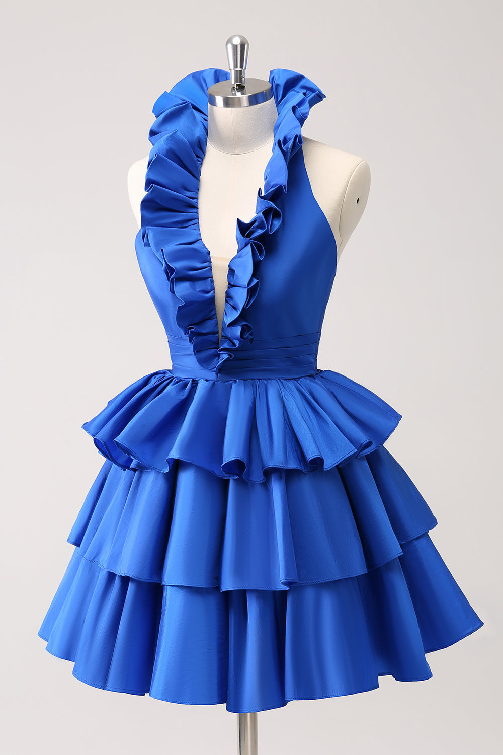 Cute Royal Blue A Line Halter Tiered Backless Homecoming Dress with Ruffles