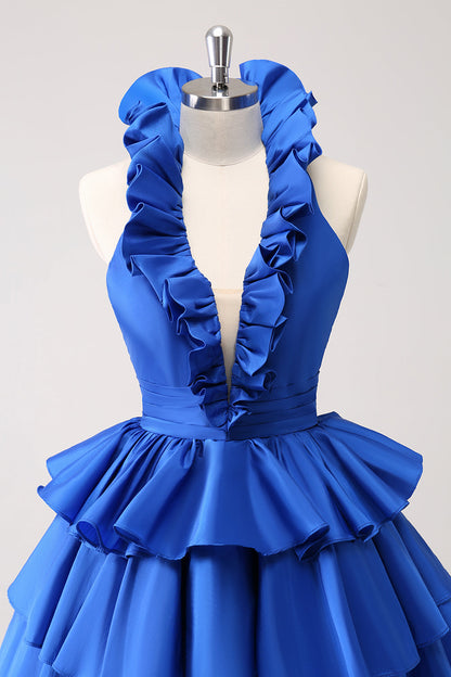 Cute Royal Blue A Line Halter Tiered Backless Homecoming Dress with Ruffles