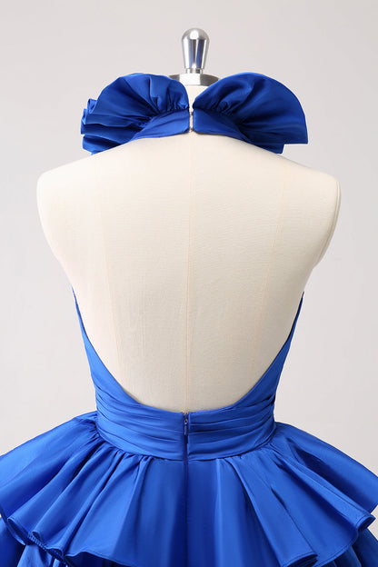 Cute Royal Blue A Line Halter Tiered Backless Homecoming Dress with Ruffles