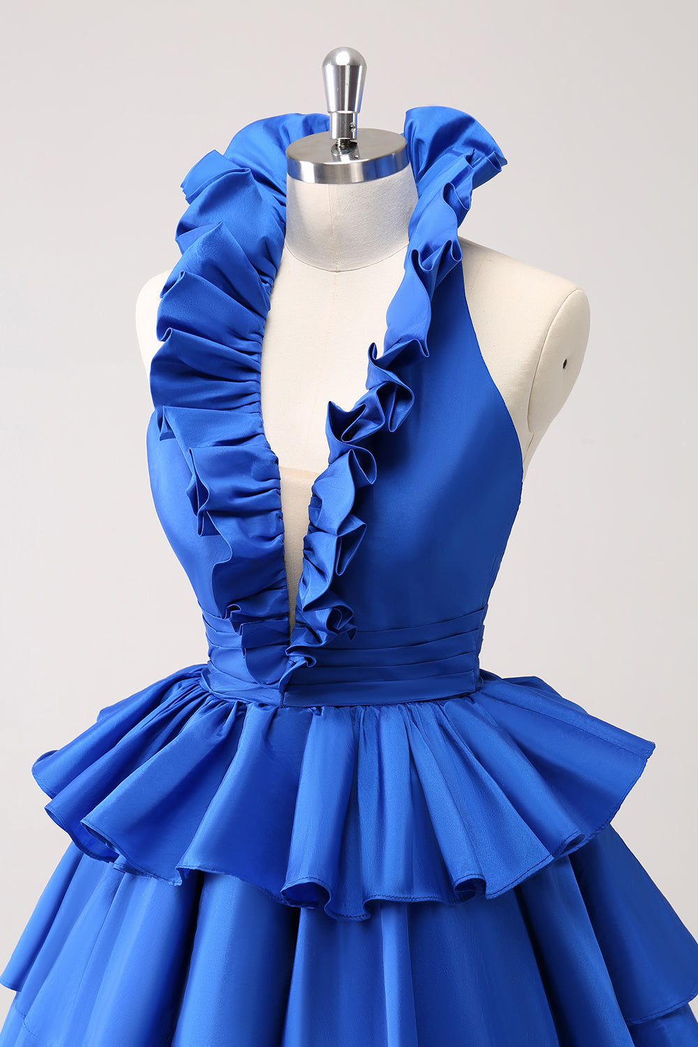 Cute Royal Blue A Line Halter Tiered Backless Homecoming Dress with Ruffles