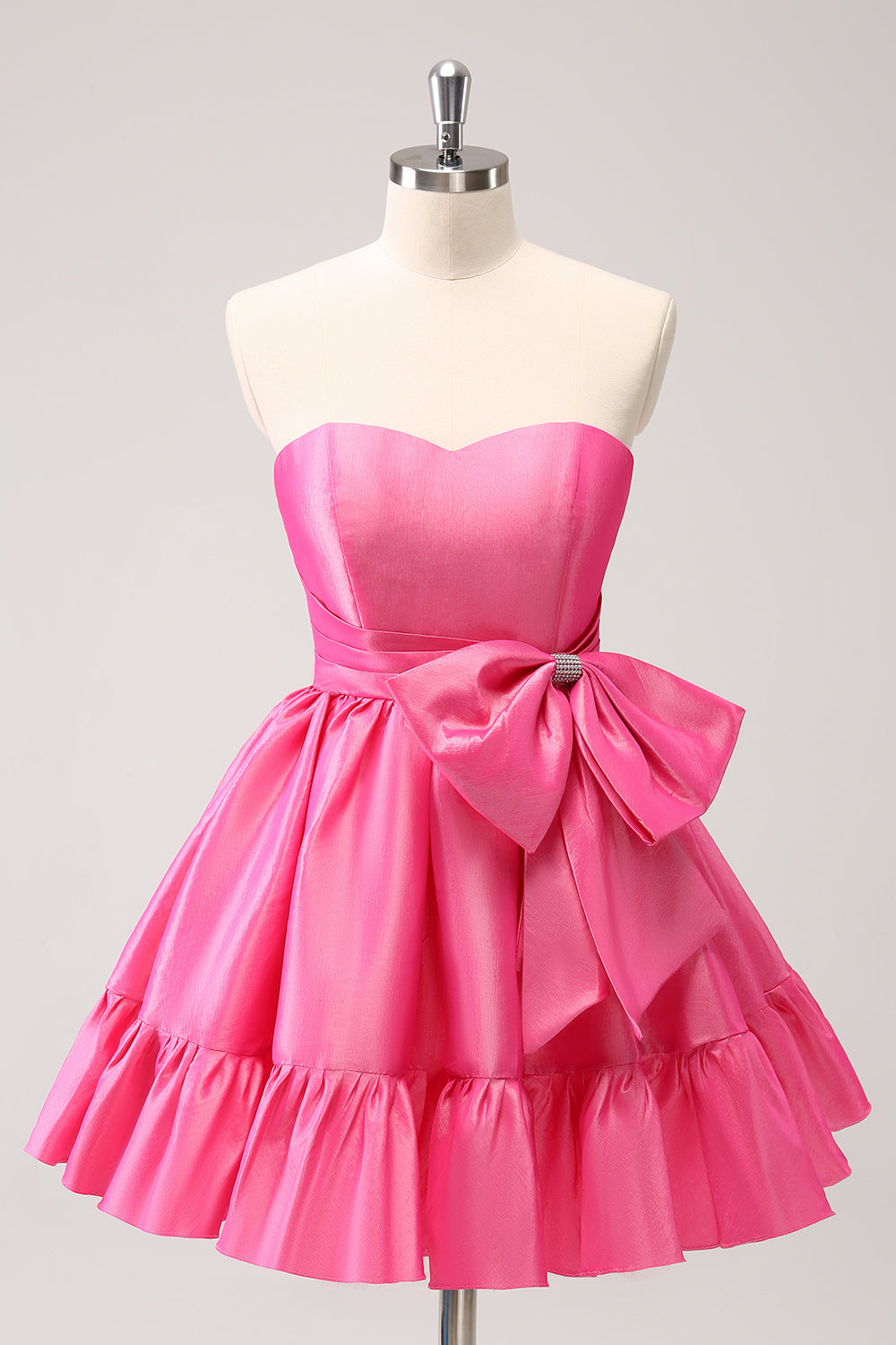 Cute Hot Pink A Line Strapless Pleated Short Homecoming Dress with Bow