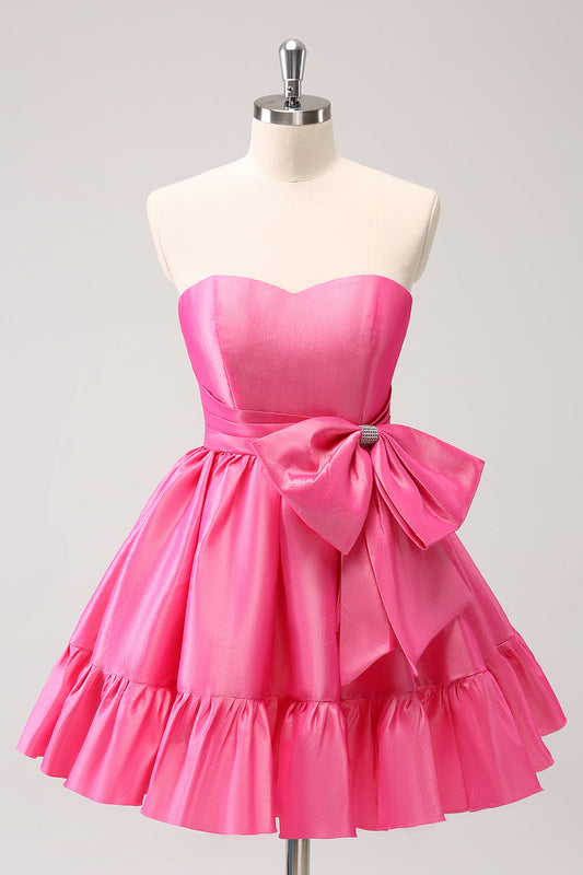 Cute Hot Pink A Line Strapless Pleated Short Homecoming Dress with Bow