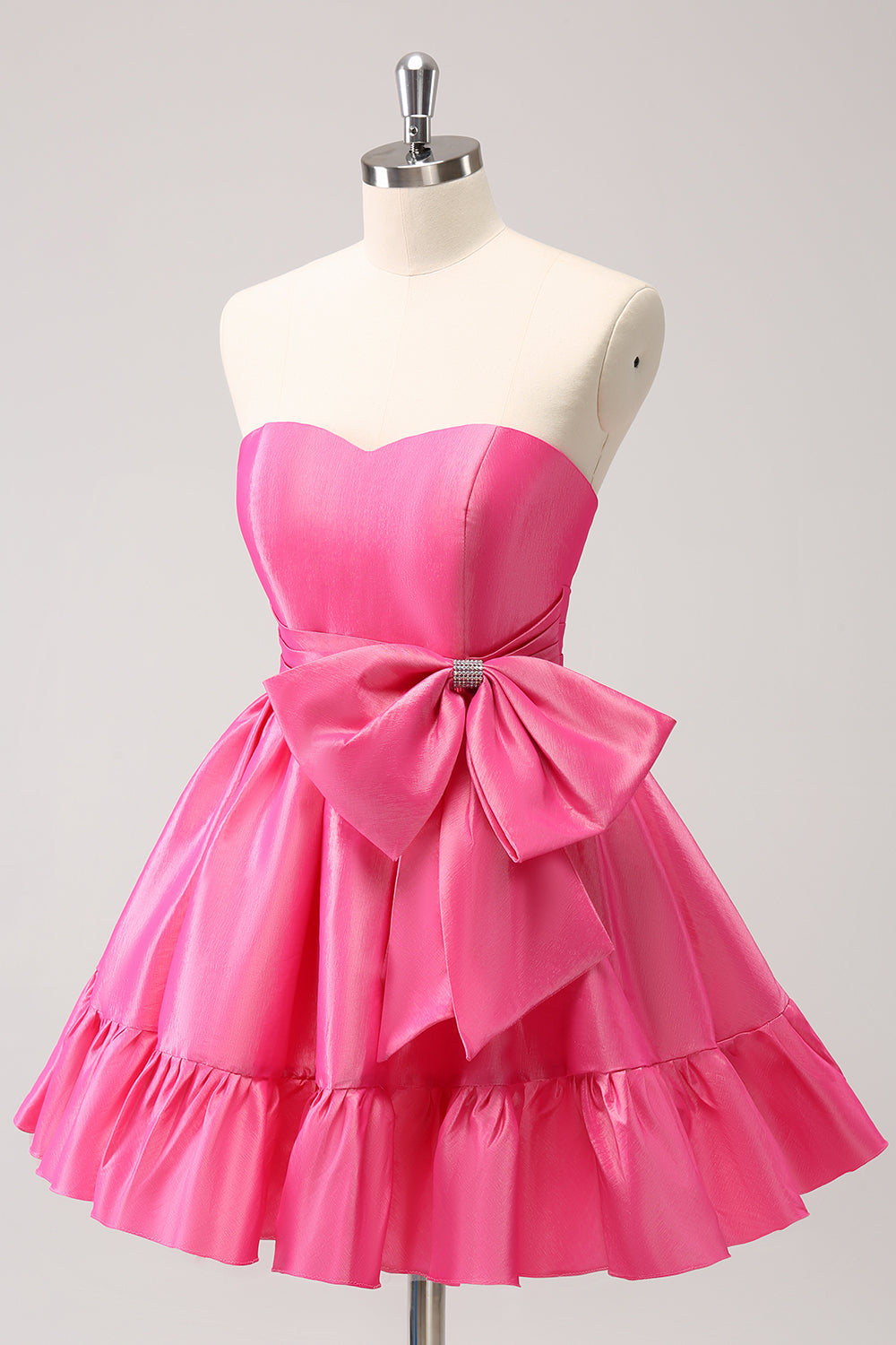 Cute Hot Pink A Line Strapless Pleated Short Homecoming Dress with Bow