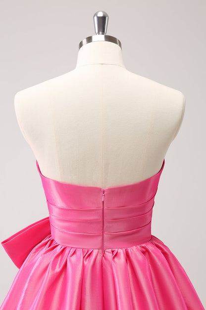 Cute Hot Pink A Line Strapless Pleated Short Homecoming Dress with Bow