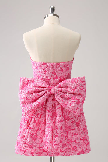 Cute Hot Pink A Line Strapless Print Short Homecoming Dress with Bow