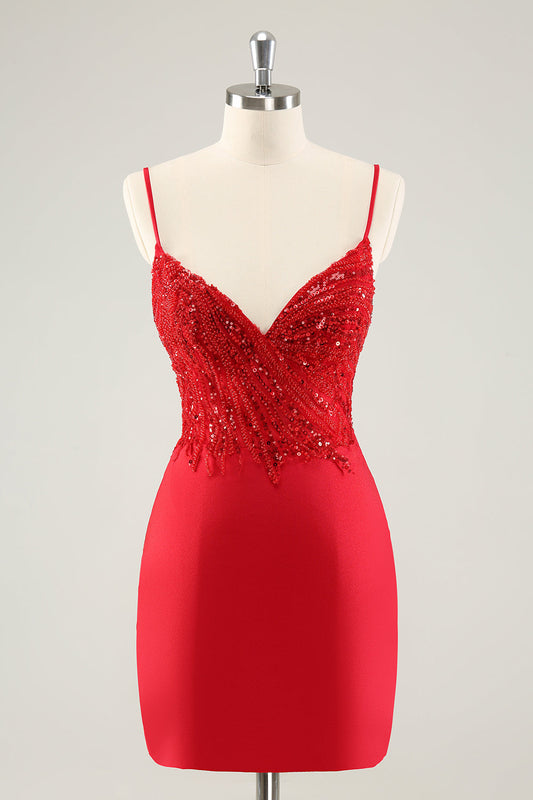 Gorgeous Red Bodycon Spaghetti Straps Short Homecoming Dress with Sequins