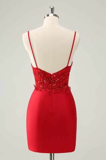 Gorgeous Red Bodycon Spaghetti Straps Short Homecoming Dress with Sequins