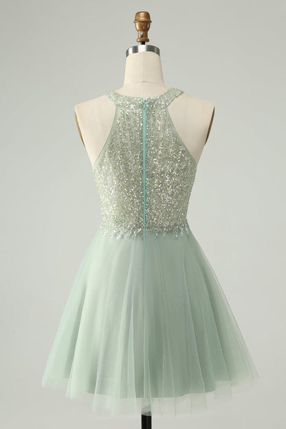 Dusty Green A Line Halter Short Homecoming Dress with Sequins