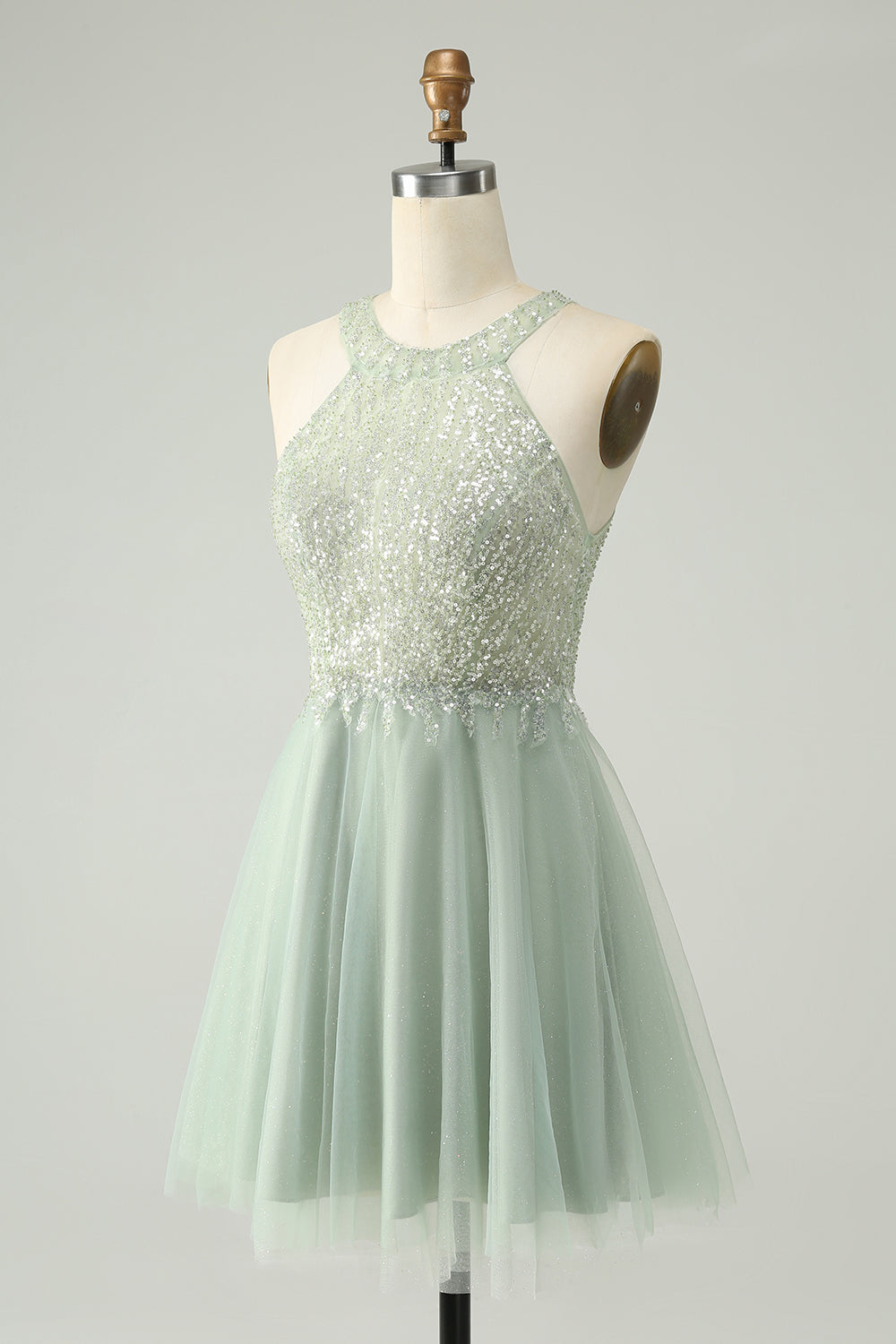 Dusty Green A Line Halter Short Homecoming Dress with Sequins