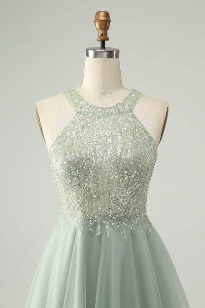 Dusty Green A Line Halter Short Homecoming Dress with Sequins