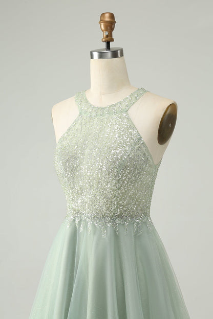 Dusty Green A Line Halter Short Homecoming Dress with Sequins