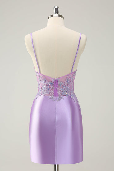 Gorgeous Lilac Bodycon Spaghetti Straps Short Homecoming Dress with Sequins