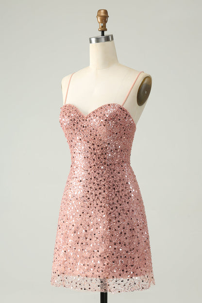 Sparkly Blush A Line Spaghetti Straps Short Homecoming Dress with Sequins