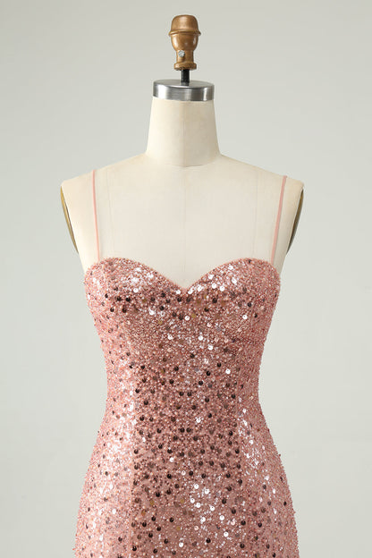 Sparkly Blush A Line Spaghetti Straps Short Homecoming Dress with Sequins