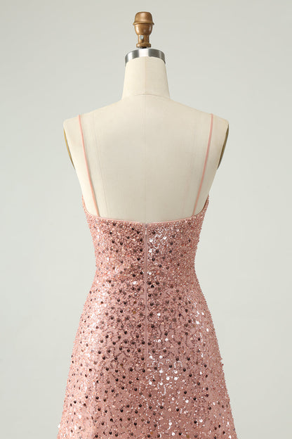 Sparkly Blush A Line Spaghetti Straps Short Homecoming Dress with Sequins