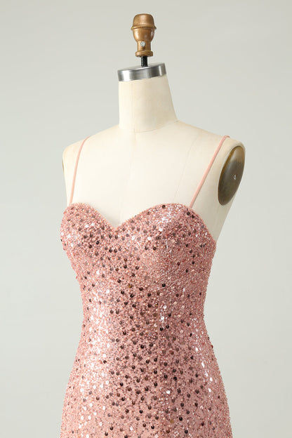 Sparkly Blush A Line Spaghetti Straps Short Homecoming Dress with Sequins