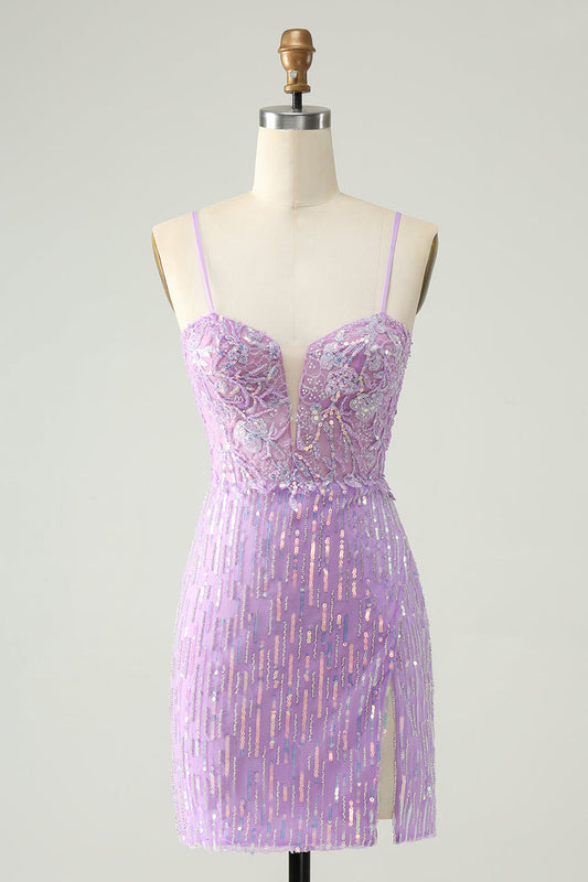 Sparkly Lilac Bodycon Spaghetti Straps Sequins Mini Homecoming Dress with Slit