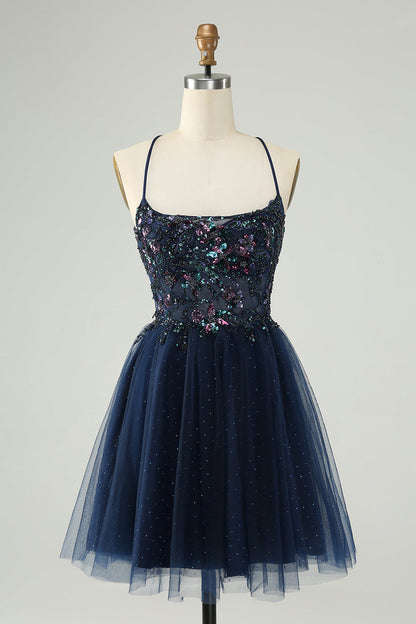 Glitter Navy A Line Spaghetti Straps Backless Tulle Homecoming Dress with Sequins