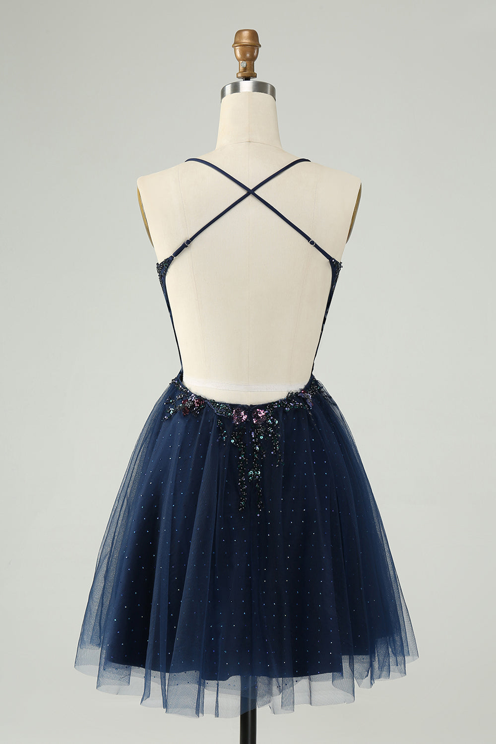 Glitter Navy A Line Spaghetti Straps Backless Tulle Homecoming Dress with Sequins