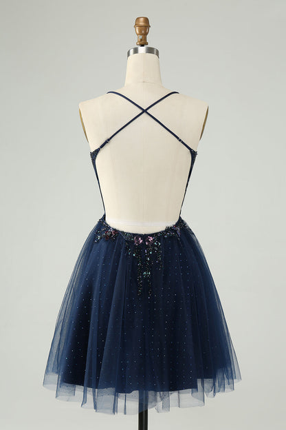 Glitter Navy A Line Spaghetti Straps Backless Tulle Homecoming Dress with Sequins