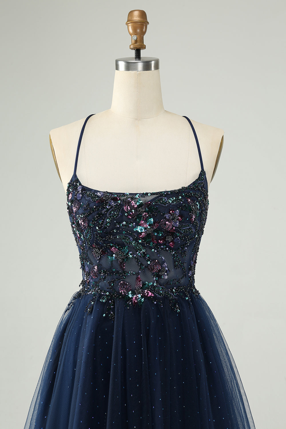 Glitter Navy A Line Spaghetti Straps Backless Tulle Homecoming Dress with Sequins