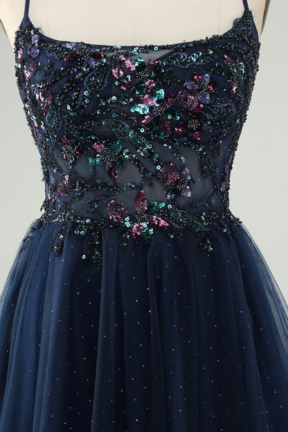 Glitter Navy A Line Spaghetti Straps Backless Tulle Homecoming Dress with Sequins