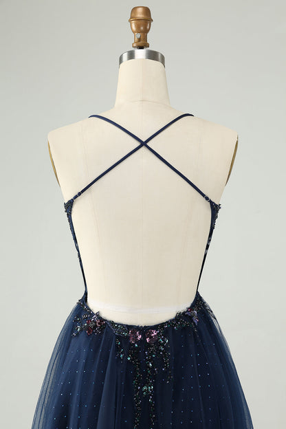 Glitter Navy A Line Spaghetti Straps Backless Tulle Homecoming Dress with Sequins