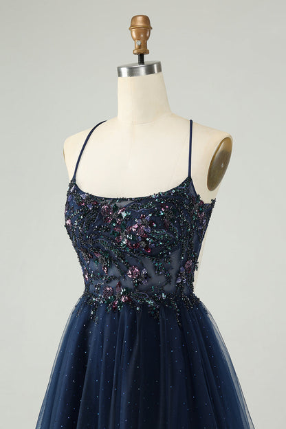 Glitter Navy A Line Spaghetti Straps Backless Tulle Homecoming Dress with Sequins