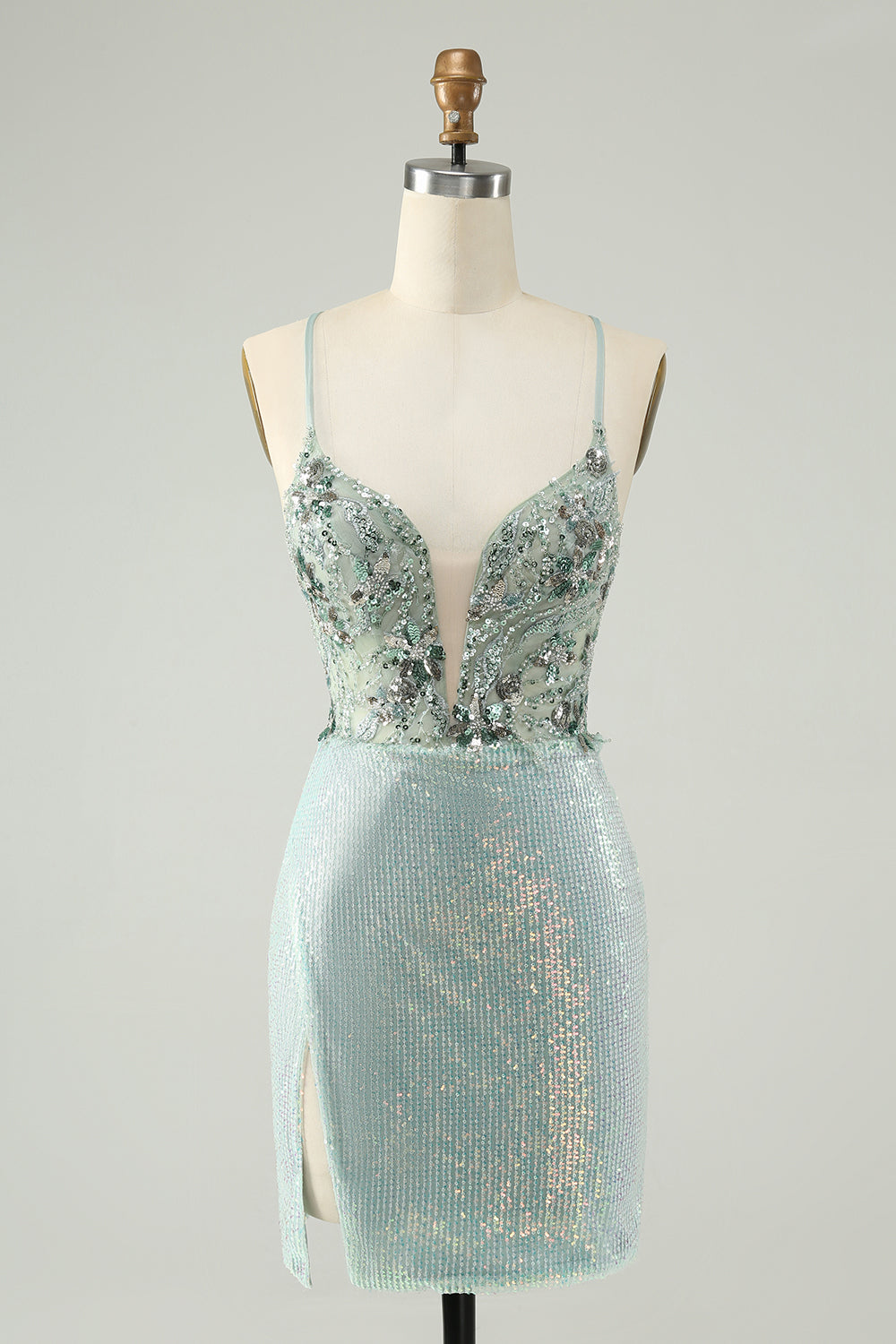 Sparkly Dusty Green Bodycon Spaghetti Straps Short Homecoming Dress with Sequins