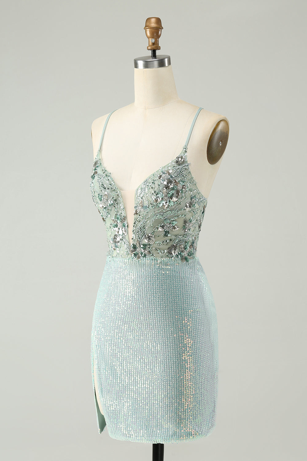 Sparkly Dusty Green Bodycon Spaghetti Straps Short Homecoming Dress with Sequins