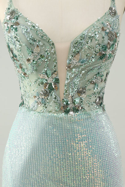 Sparkly Dusty Green Bodycon Spaghetti Straps Short Homecoming Dress with Sequins