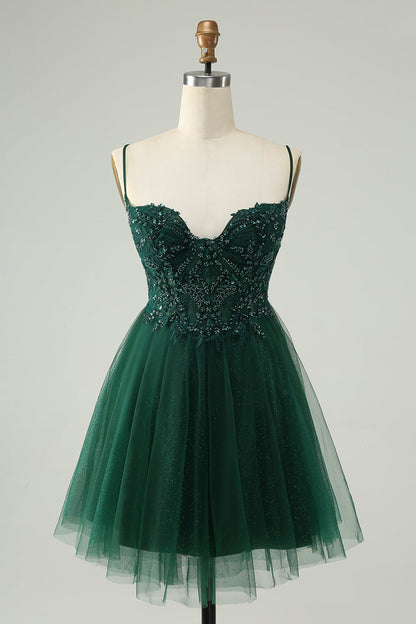 Glitter Dark Green A Line Beaded Tulle Homecoming Dress with Appliques