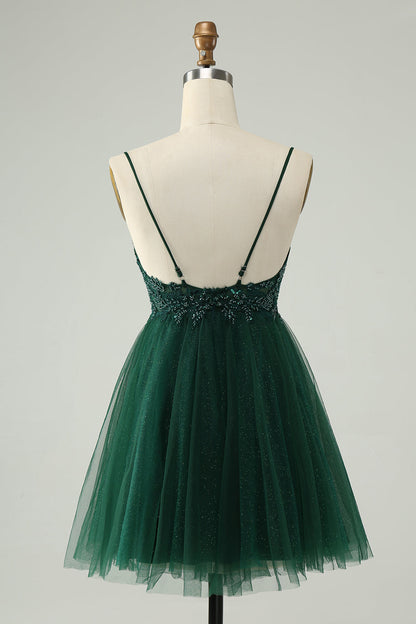 Glitter Dark Green A Line Beaded Tulle Homecoming Dress with Appliques