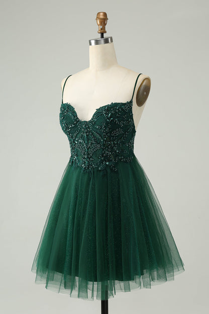 Glitter Dark Green A Line Beaded Tulle Homecoming Dress with Appliques