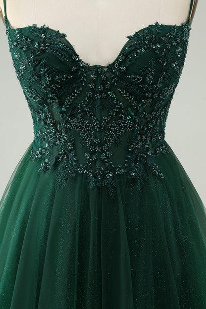 Glitter Dark Green A Line Beaded Tulle Homecoming Dress with Appliques