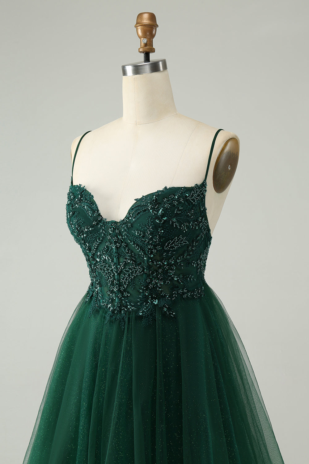 Glitter Dark Green A Line Beaded Tulle Homecoming Dress with Appliques