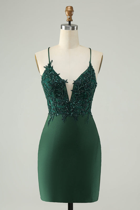 Stylish Dark Green Bodycon V Neck Short Homecoming Dress with Beading