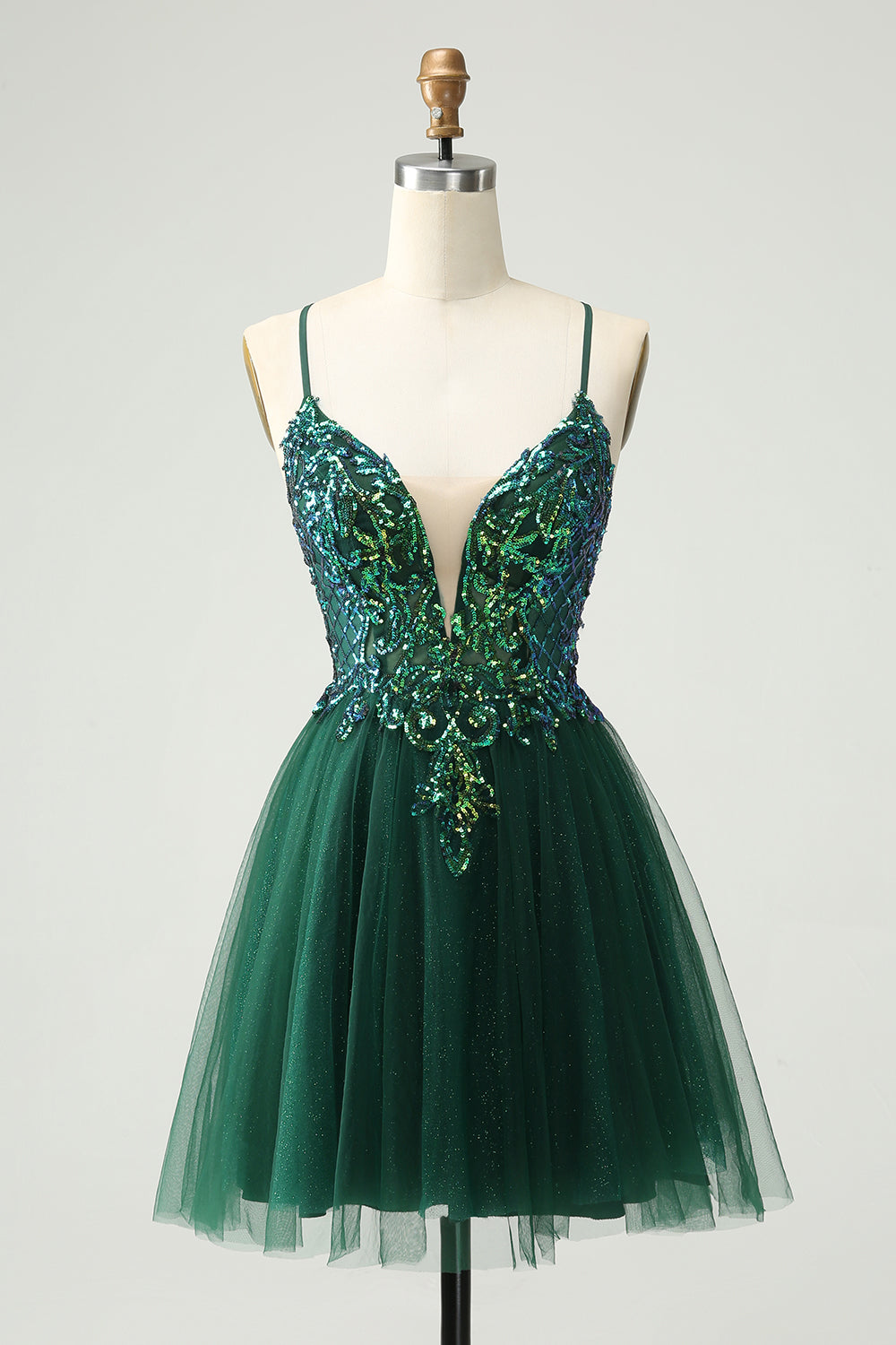 Cute Dark Green A Line V Neck Sequin Short Homecoming Dress with Appliques