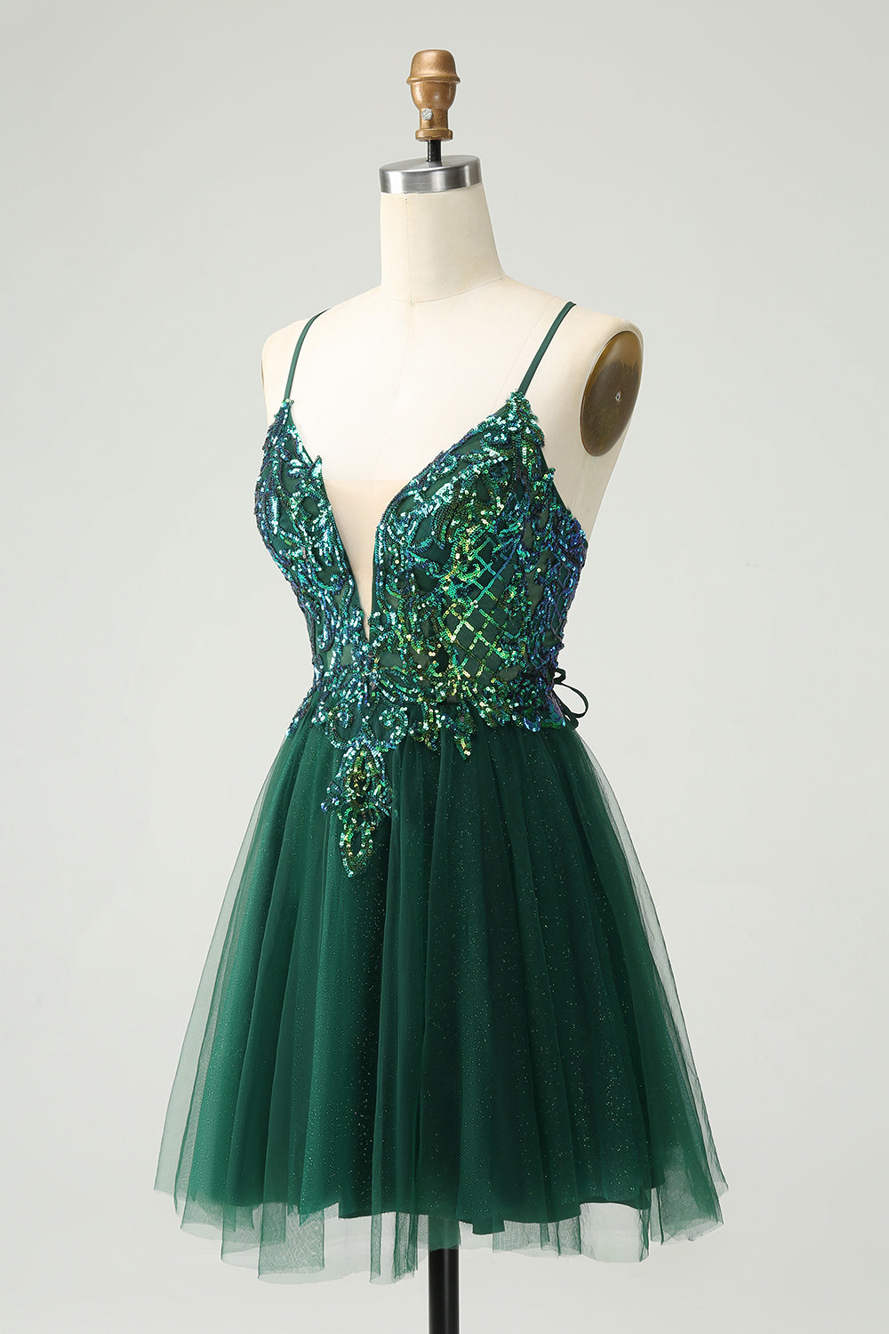 Cute Dark Green A Line V Neck Sequin Short Homecoming Dress with Appliques