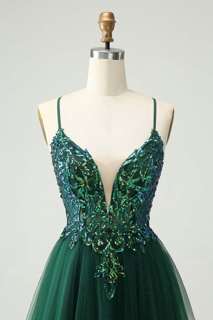 Cute Dark Green A Line V Neck Sequin Short Homecoming Dress with Appliques