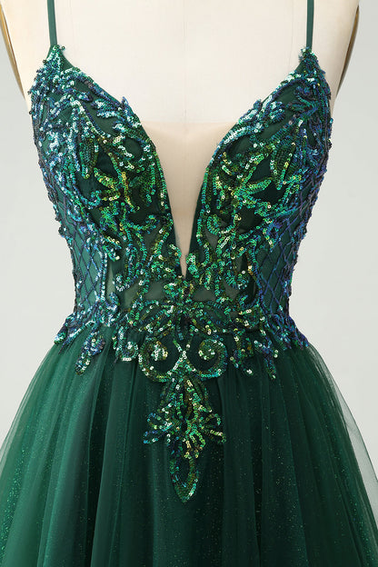 Cute Dark Green A Line V Neck Sequin Short Homecoming Dress with Appliques