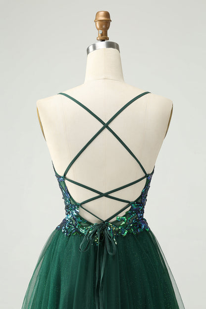 Cute Dark Green A Line V Neck Sequin Short Homecoming Dress with Appliques