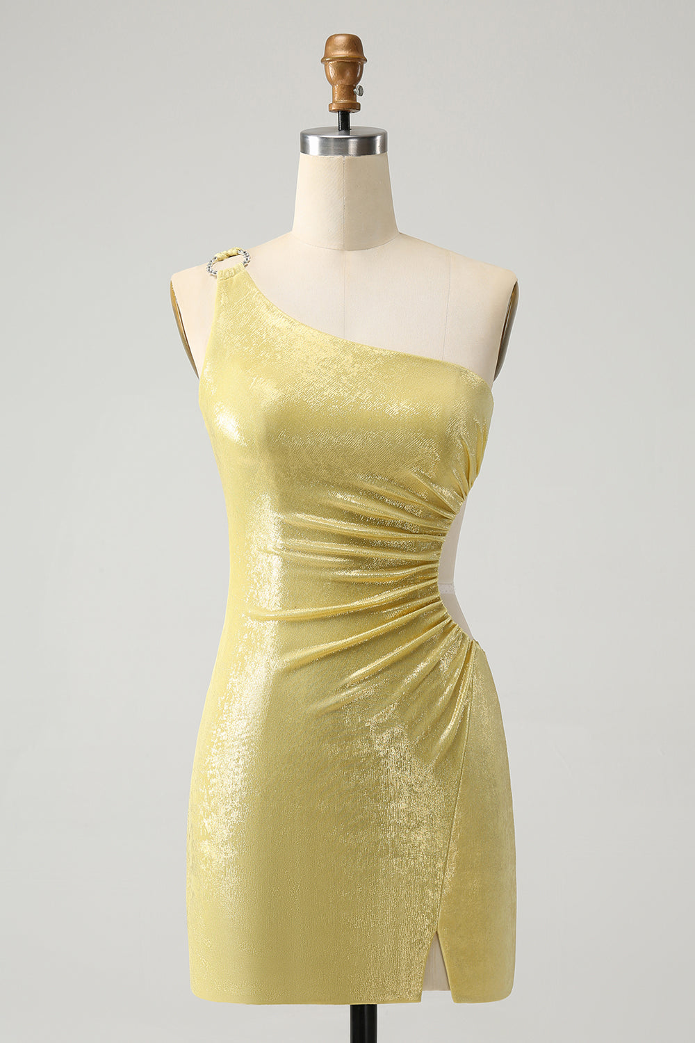 Sparkly Yellow Bodycon One Shoulder Hollow Out Pleated Short Homecoming Dress